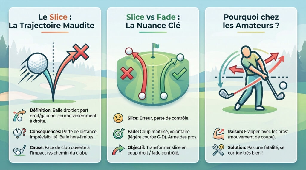 Golfeur amateur observant une trajectoire de slice typique partant à droite