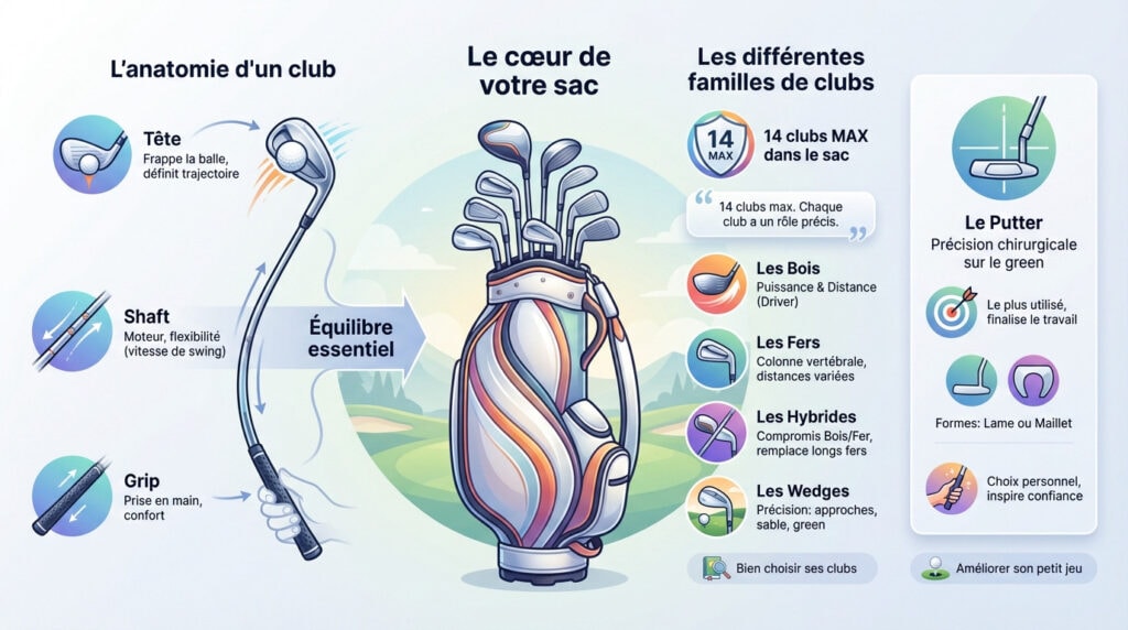 Vue détaillée des différents types de clubs de golf dans un sac sur le parcours
