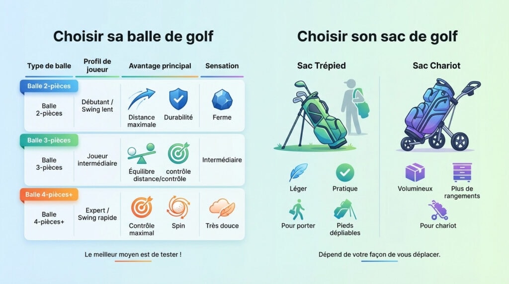 Guide visuel pour choisir ses balles et son sac de golf selon son niveau