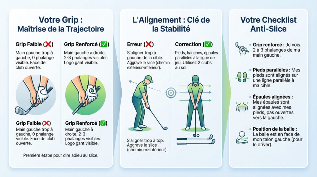 Illustration des points clés pour corriger le slice : grip renforcé et alignement parallèle