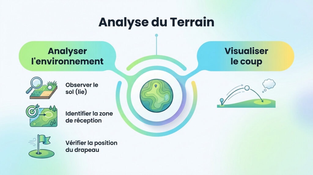 Golfeur observant le green pour préparer son approche du petit jeu au golf