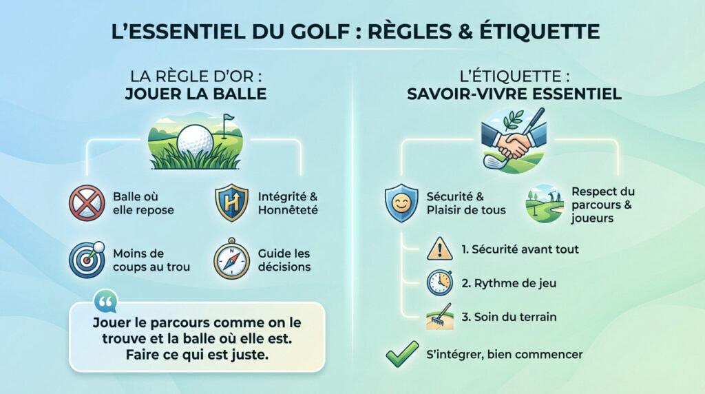 Golfeur sur le green préparant son putt en respectant l'étiquette du golf
