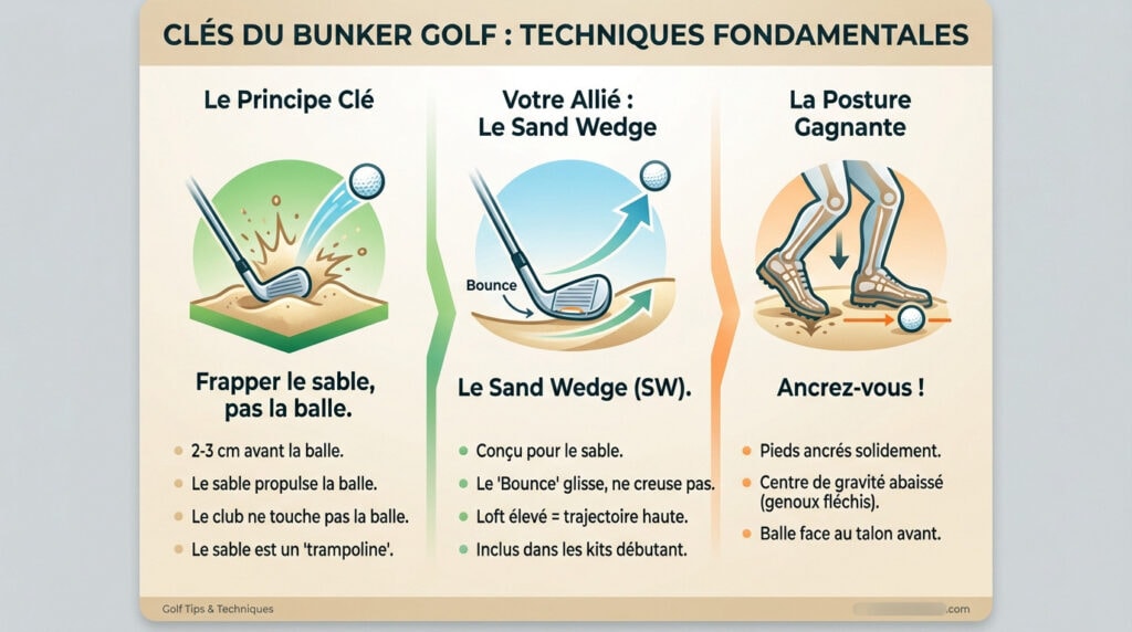 Golfeur en position dans un bunker préparant une sortie de sable avec un sand wedge