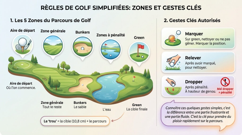 Illustration des zones d'un parcours de golf et gestes techniques comme le drop
