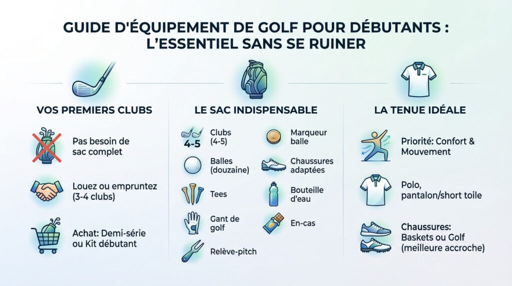 Guide équipement golf débutant : clubs, balles et accessoires essentiels
