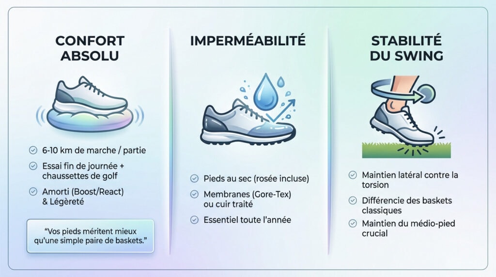 Illustration des 3 critères clés pour choisir ses chaussures de golf : confort, imperméabilité et stabilité