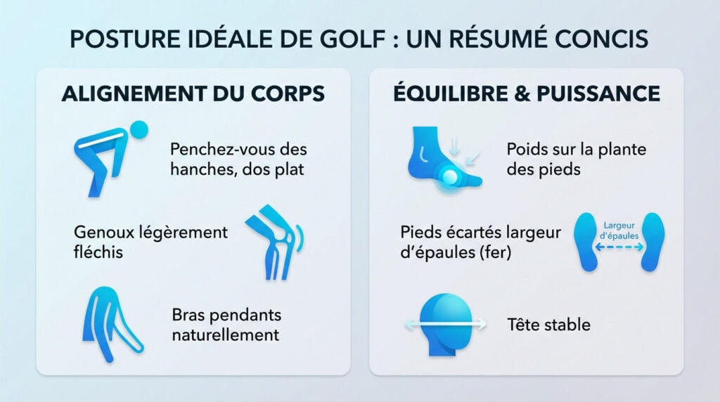 Golfeur montrant une posture idéale avec dos plat et genoux fléchis