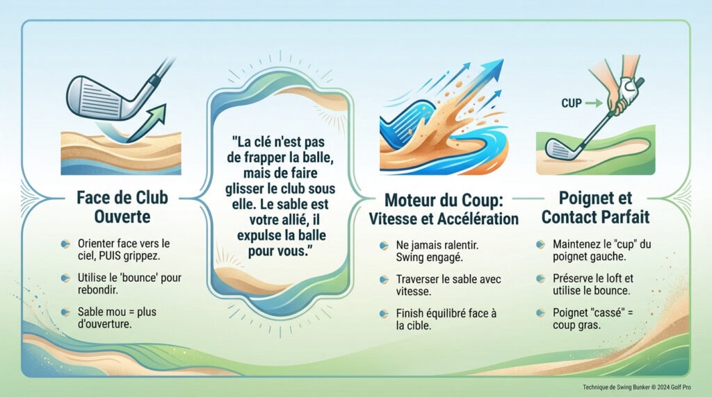 Infographie détaillant les étapes clés du swing pour sortir d'un bunker au golf