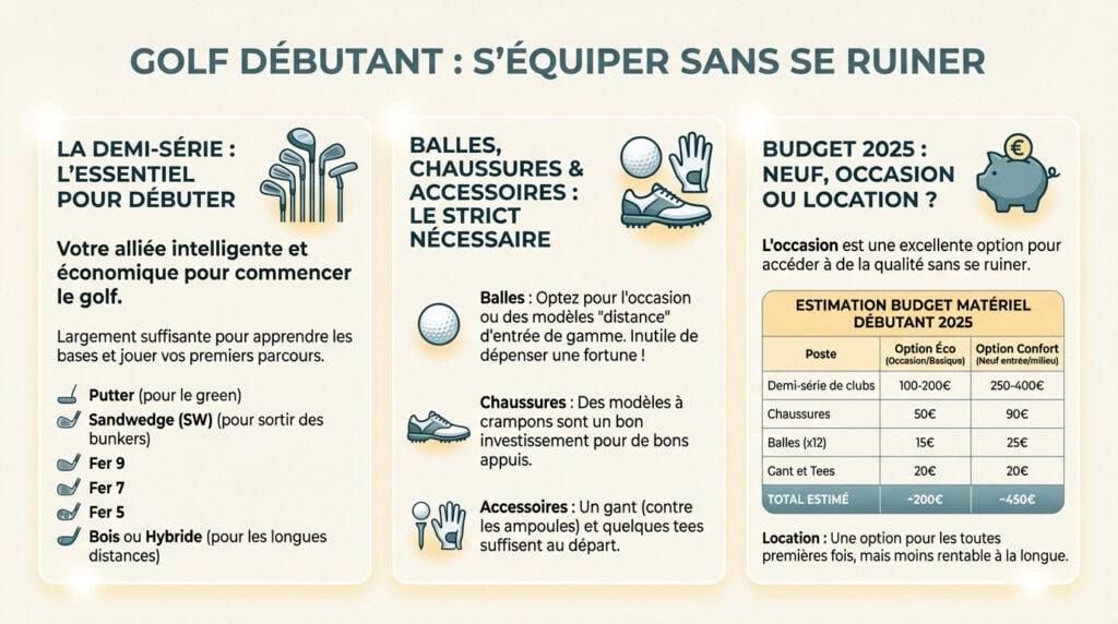 Infographie sur le matériel de golf pour débutant : demi-série, balles et chaussures sur un parcours