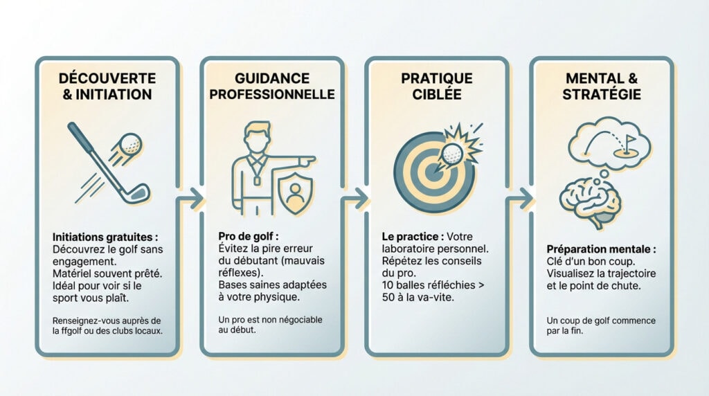 Golfeur débutant s'entraînant sur un practice avec un professeur pour apprendre les bases du swing