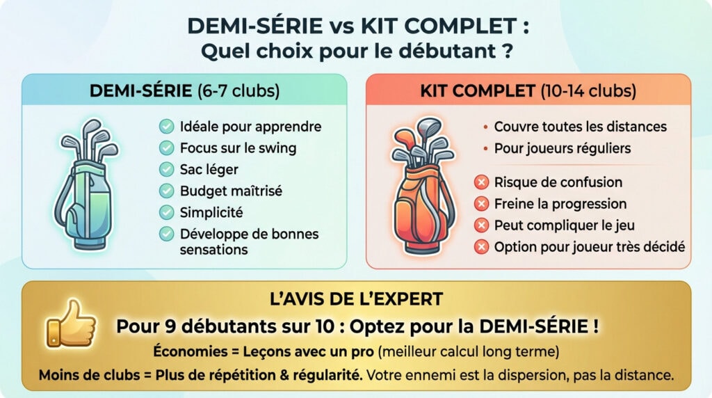 Comparatif visuel entre une demi-série légère et un kit complet de golf pour aider le débutant à choisir