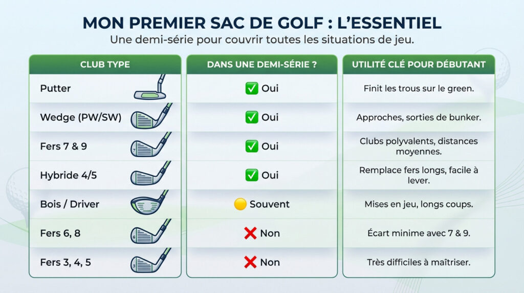 Composition type d'une demi-série de golf idéale pour débutant avec les clubs essentiels