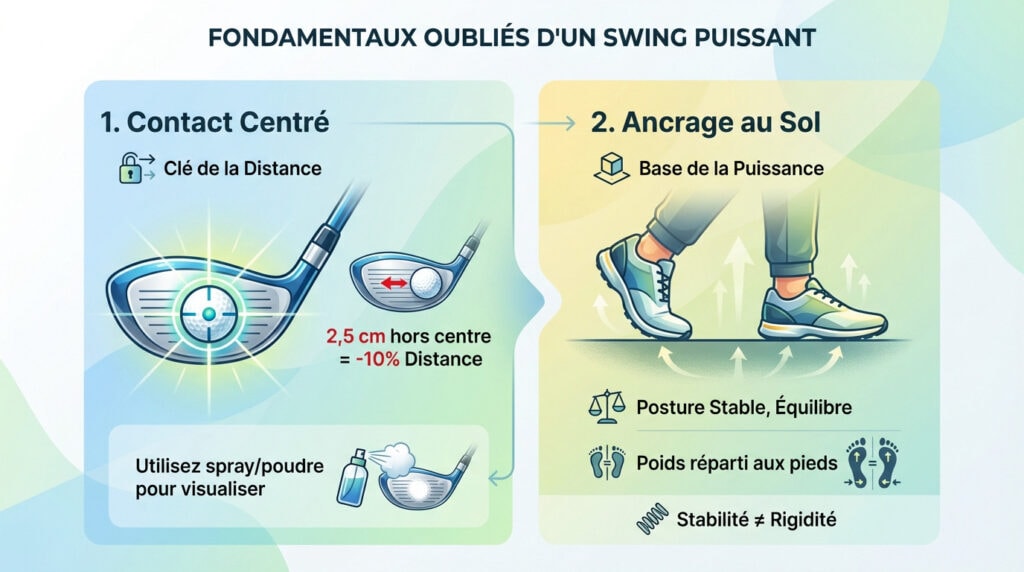 Infographie expliquant en détail comment gagner de la distance au golf avec de l'adresse et de l'équilibre