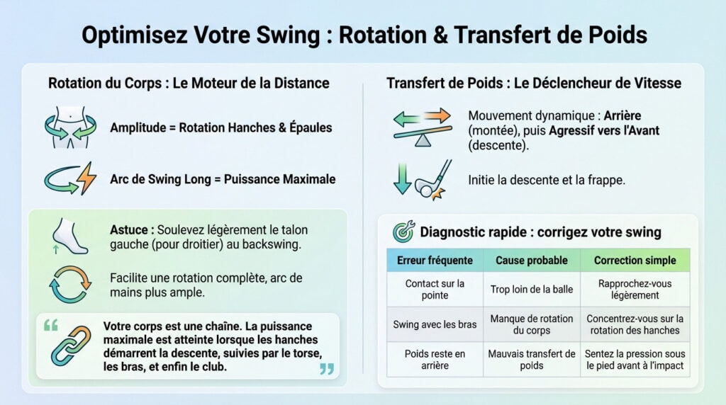 Golfeur effectuant une rotation complète des épaules et un transfert de poids pour optimiser la distance