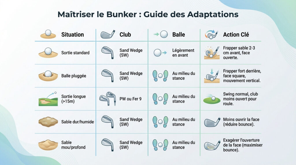 Guide visuel des différentes positions de balle et techniques pour sortir d'un bunker au golf