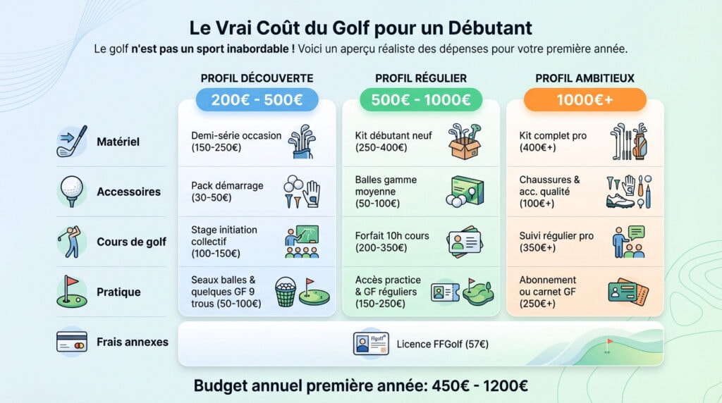 Estimation réaliste du budget golf débutant incluant matériel et cours