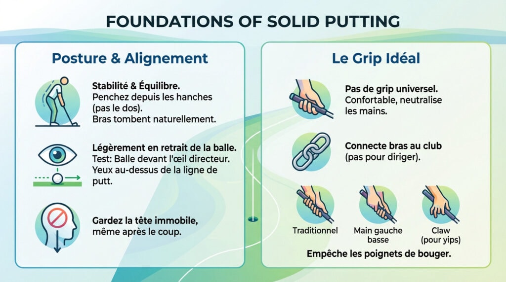 Golfeur ajustant sa posture et son alignement pour un putting solide sur le green