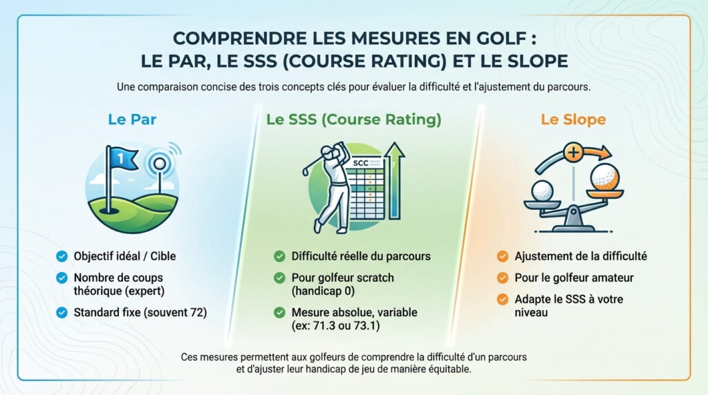 Comparaison visuelle entre Par, SSS et Slope pour comprendre la difficulté d'un parcours de golf