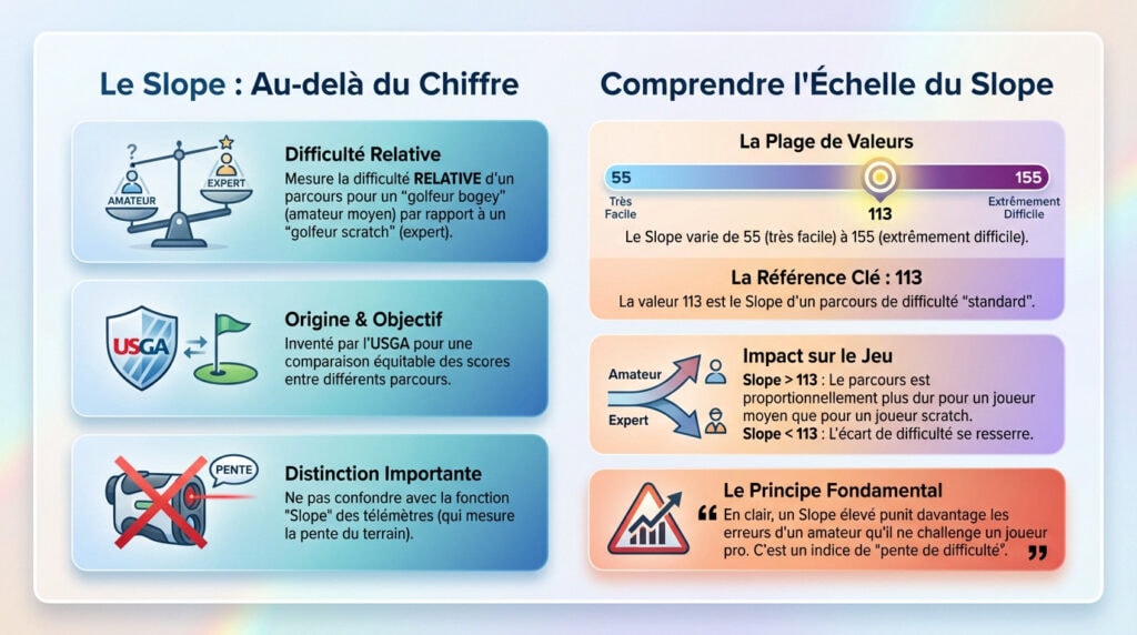 Schéma explicatif du slope au golf montrant l'échelle de difficulté et la différence entre joueurs