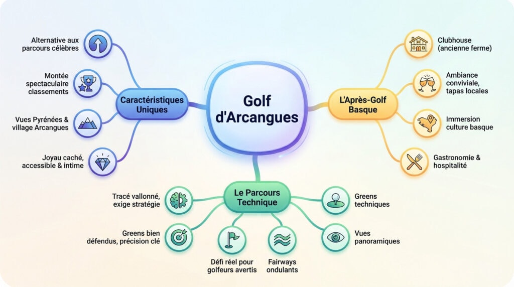 Vue du parcours vallonné du golf d'Arcangues avec le clubhouse dans une ancienne ferme basque