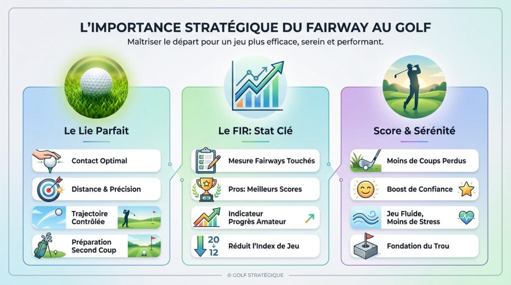 Vue stratégique d'un golfeur analysant son lie parfait sur le fairway avant de jouer vers le green