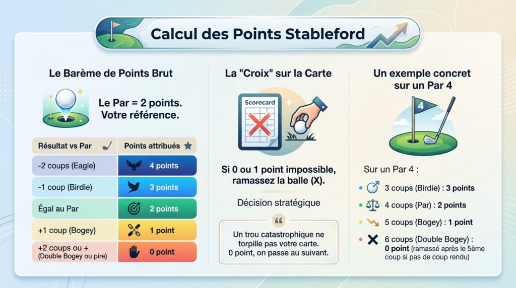 Tableau explicatif du calcul des points au golf selon la méthode Stableford
