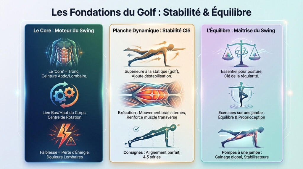 Golfeur travaillant sa stabilité et son équilibre avec un exercice de gainage sur un tapis de sol