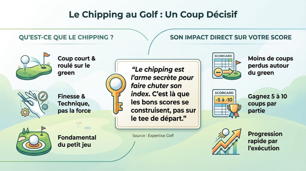 Infographie complète expliquant à un golfeur comment réaliser un chipping précis en bord de green