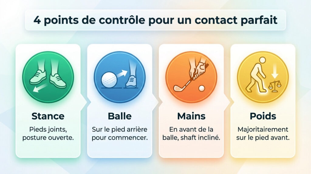 Illustration des 4 points de contrôle pour un chipping de golf parfait : stance, balle, mains et poids