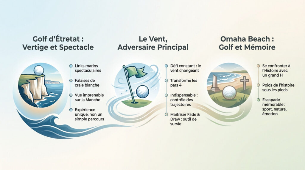 Golfeur jouant sur un parcours de style links en Normandie avec des falaises en arrière-plan