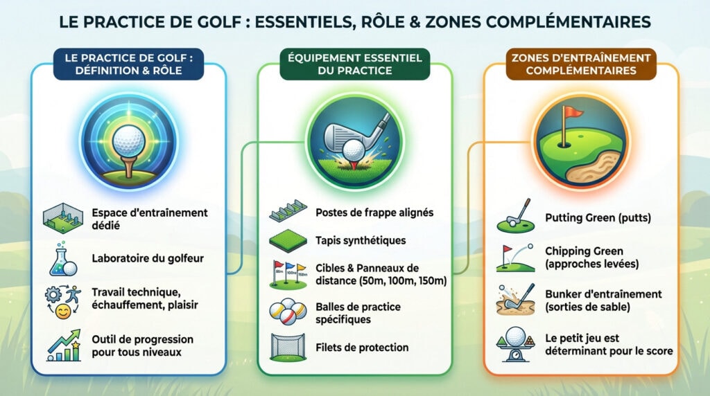 Infographie d'une vue d'ensemble d'un practice de golf avec postes de frappe et zones d'entraînement