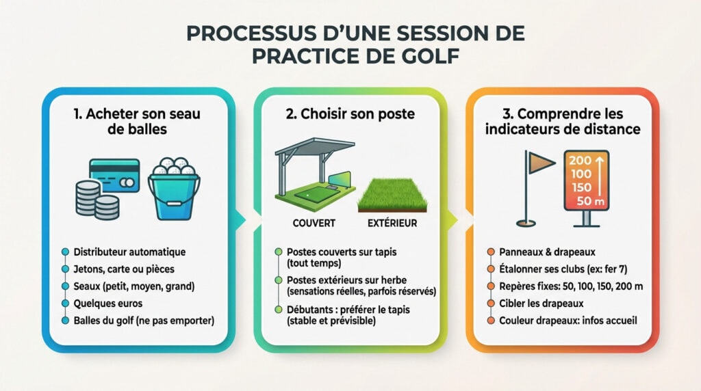 Golfeur préparant son seau de balles au distributeur automatique avant une séance de practice golf