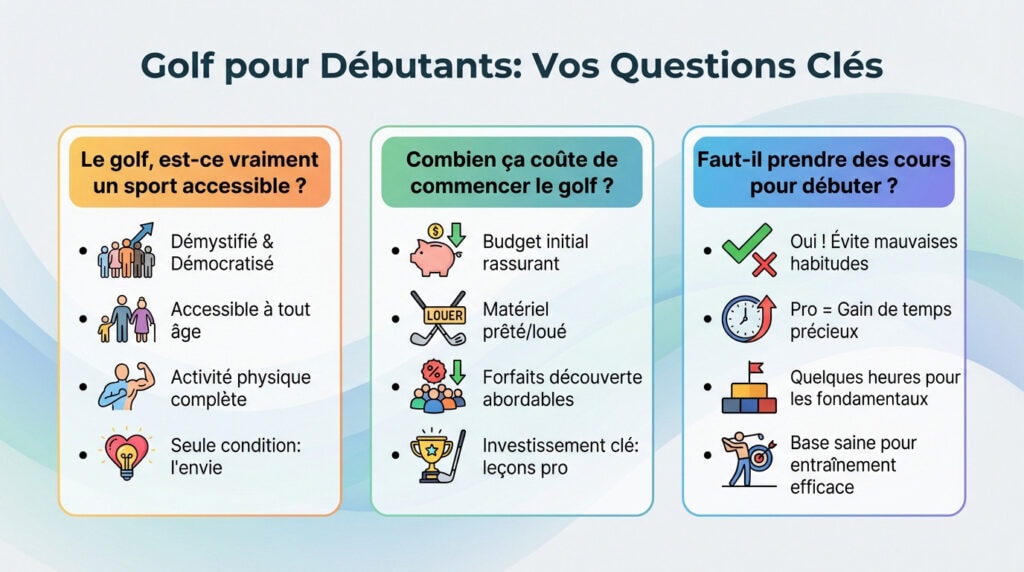 Golfeur débutant posant des questions sur le matériel et les cours de golf
