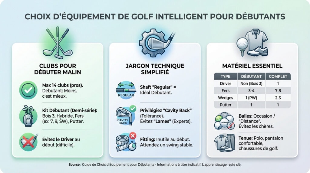 Sélection intelligente de clubs et d'équipement de golf pour un joueur débutant