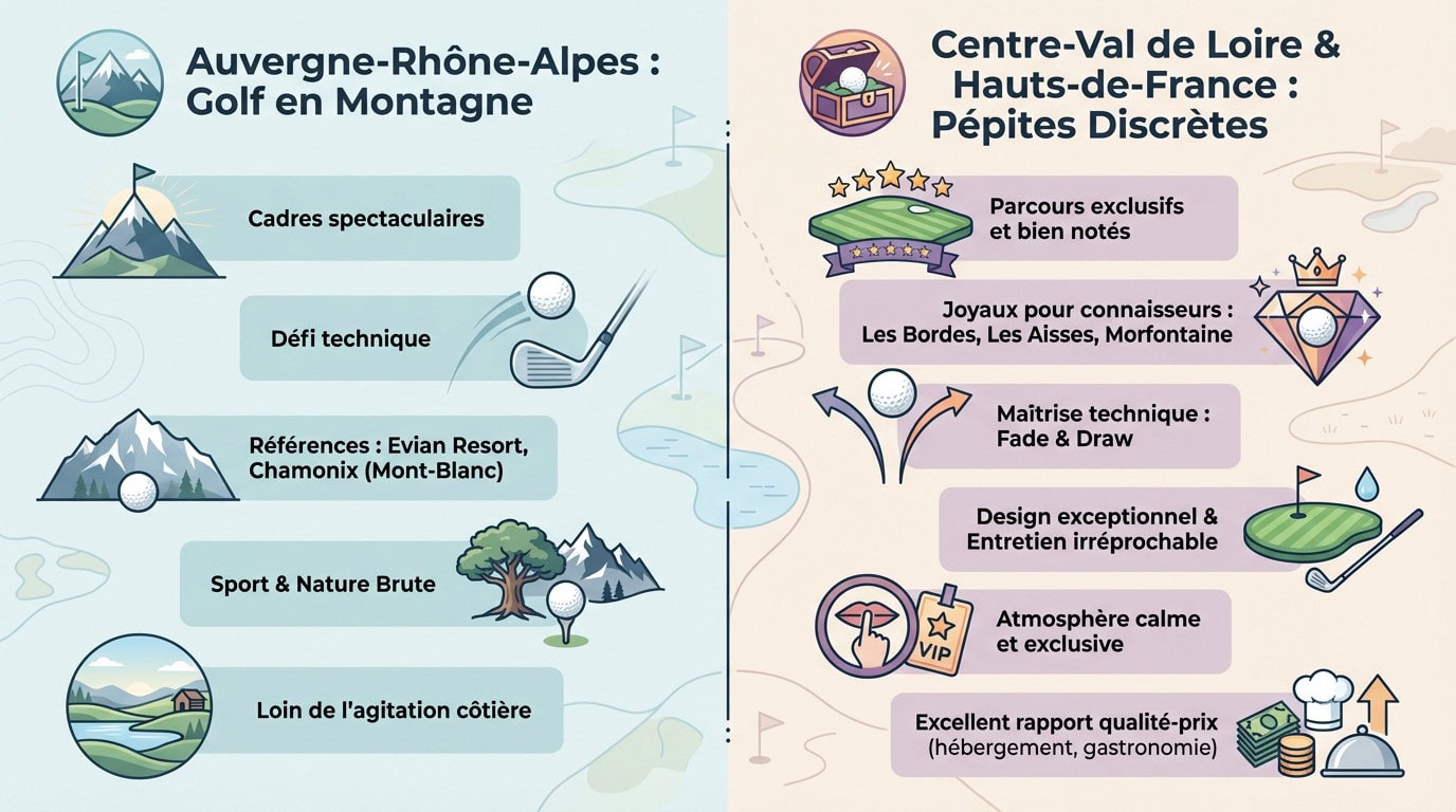 Panorama d'un parcours de golf en montagne contrastant avec un green en forêt