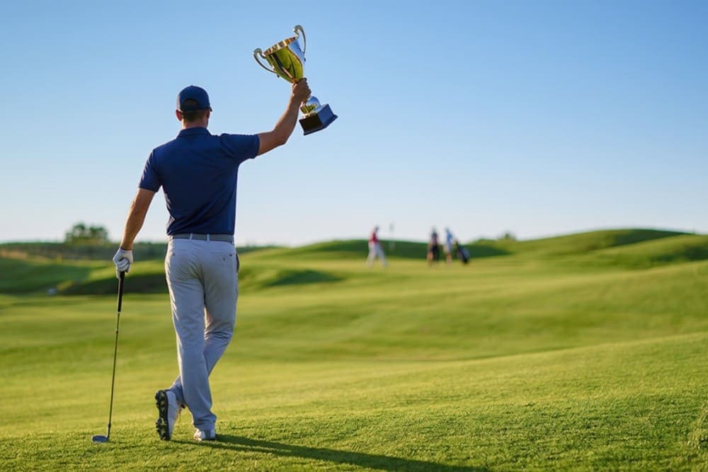 Rory McIlroy brandissant le prix de la BBC Sports Personality of the year 2025 sur un terrain de golf