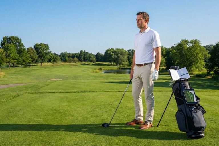 Golfeur sur un parcours avec un test corrigé carte verte golf pour obtenir sa carte verte golf