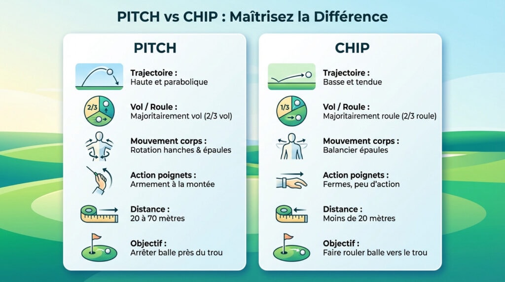 Golfeur exécutant un coup de pitch sur le green avec une trajectoire de balle haute