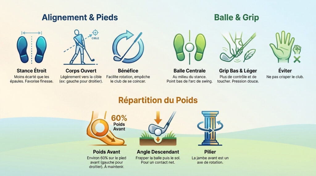 Infographie complète d'un golfeur adoptant la posture idéale pour un coup de pitching