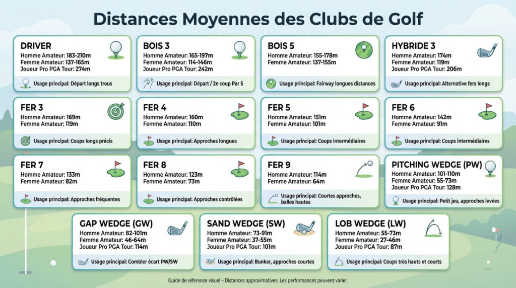 Tableau récapitulatif des distances moyennes au golf par club et par niveau