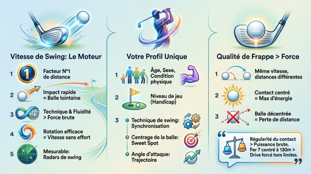 Graphique illustrant les facteurs clés influençant la distance au golf