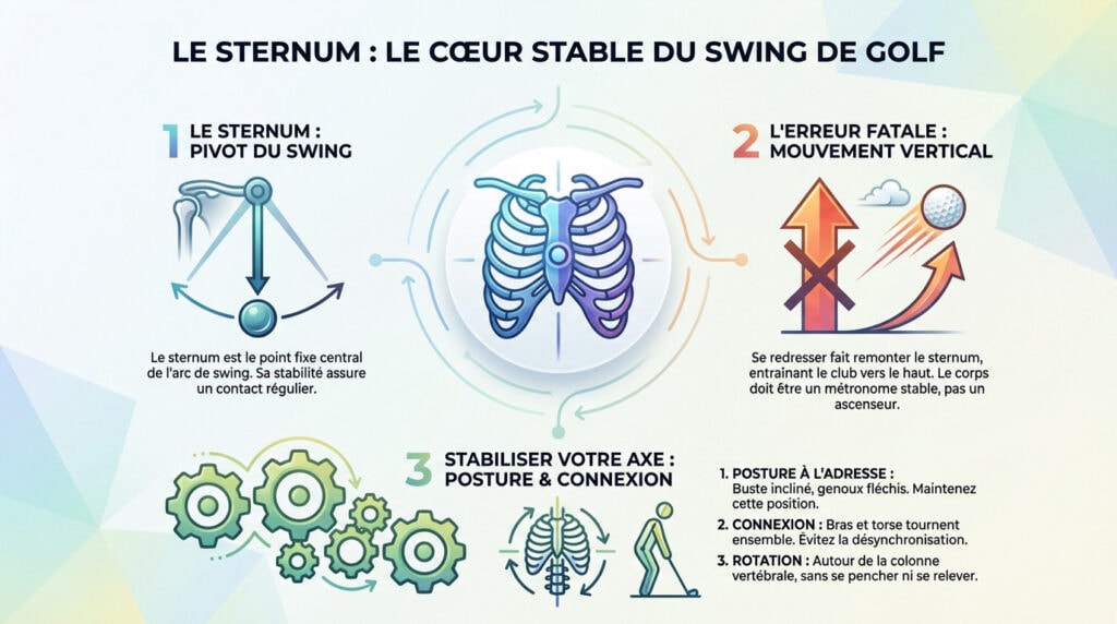Golfeur démontrant la stabilité du sternum pendant le swing pour éviter les tops et les grattes