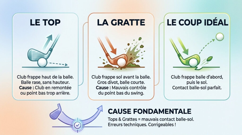 Schéma technique montrant la différence d'impact entre un top, une gratte et un coup de golf idéal