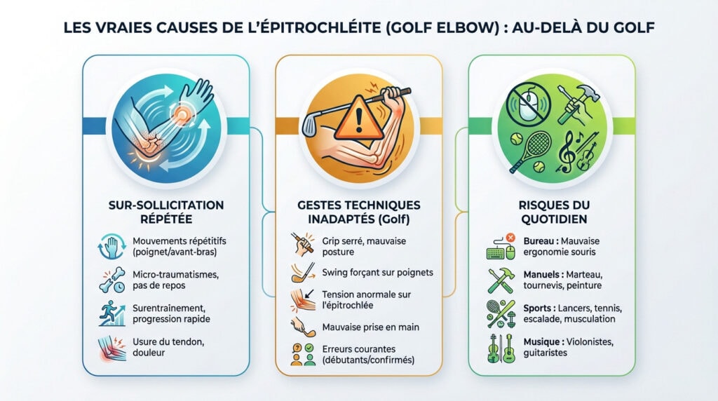 Schéma explicatif des causes du golf elbow et de l'anatomie du coude
