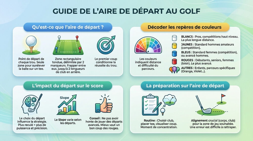 Golfeur préparant son coup sur l'aire de départ avec un driver