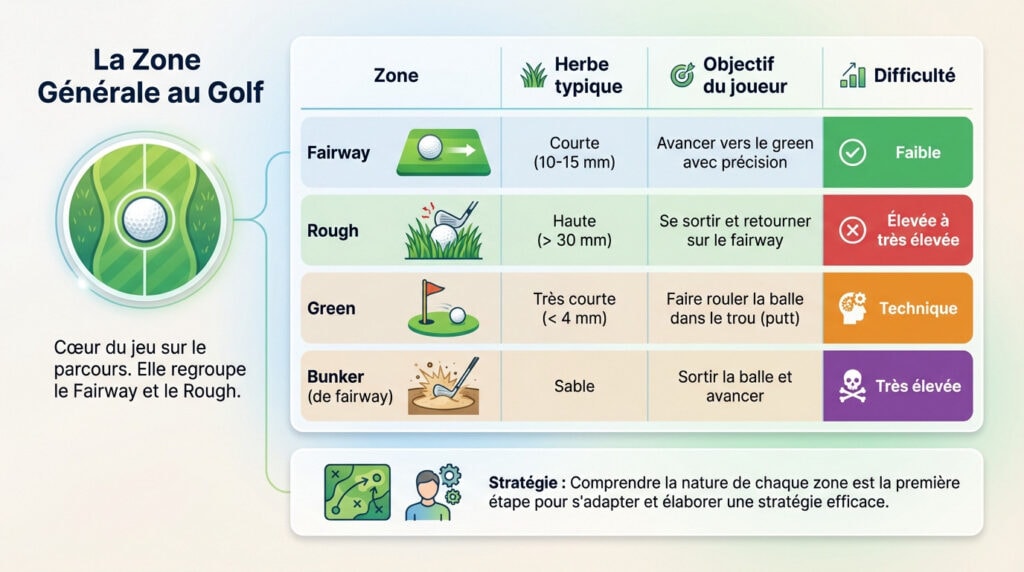 Infographie illustrant la zone générale et les différentes parties d'un trou de golf