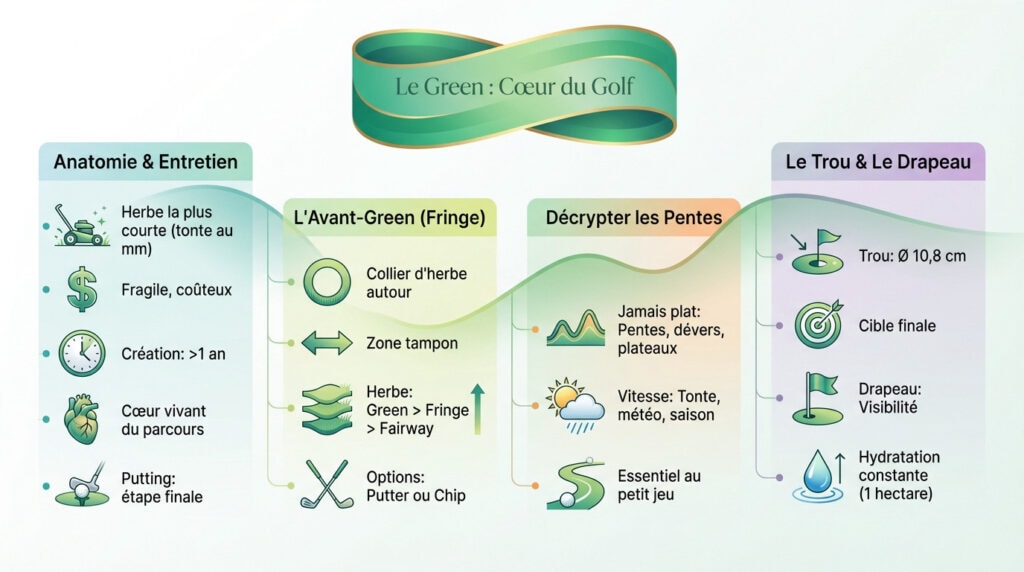 Infographie de l'anatomie détaillée d'un green de golf avec drapeau et trou