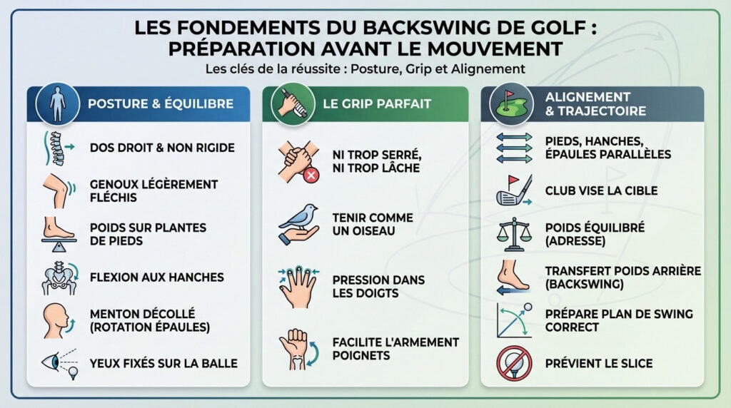 Golfeur préparant son backswing avec une posture et un alignement corrects