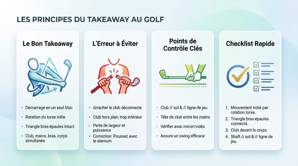 Golfeur exécutant un takeaway parfait avec le club parallèle au sol et connecté au corps