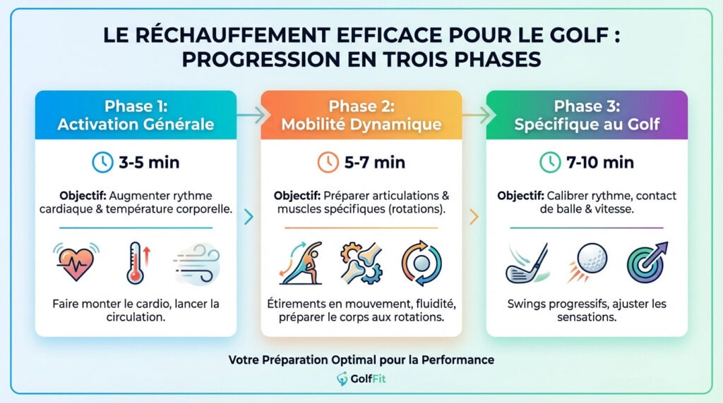 Schéma illustrant la progression en trois phases d'un échauffement de golf efficace